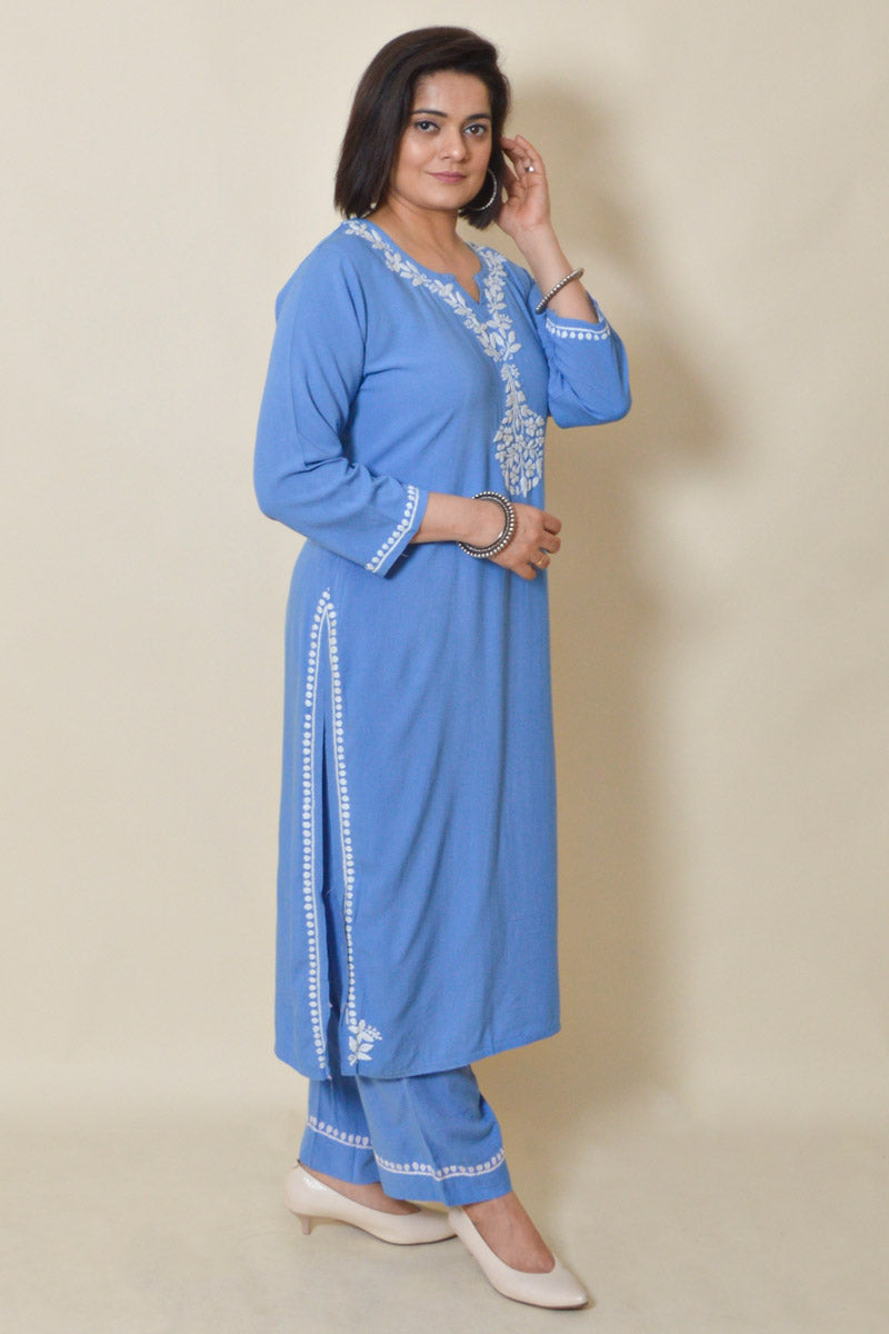 Fabnuma Handcrafted Blue Rayon Cotton Chikankari Kurta Bottom Set - Fabnuma