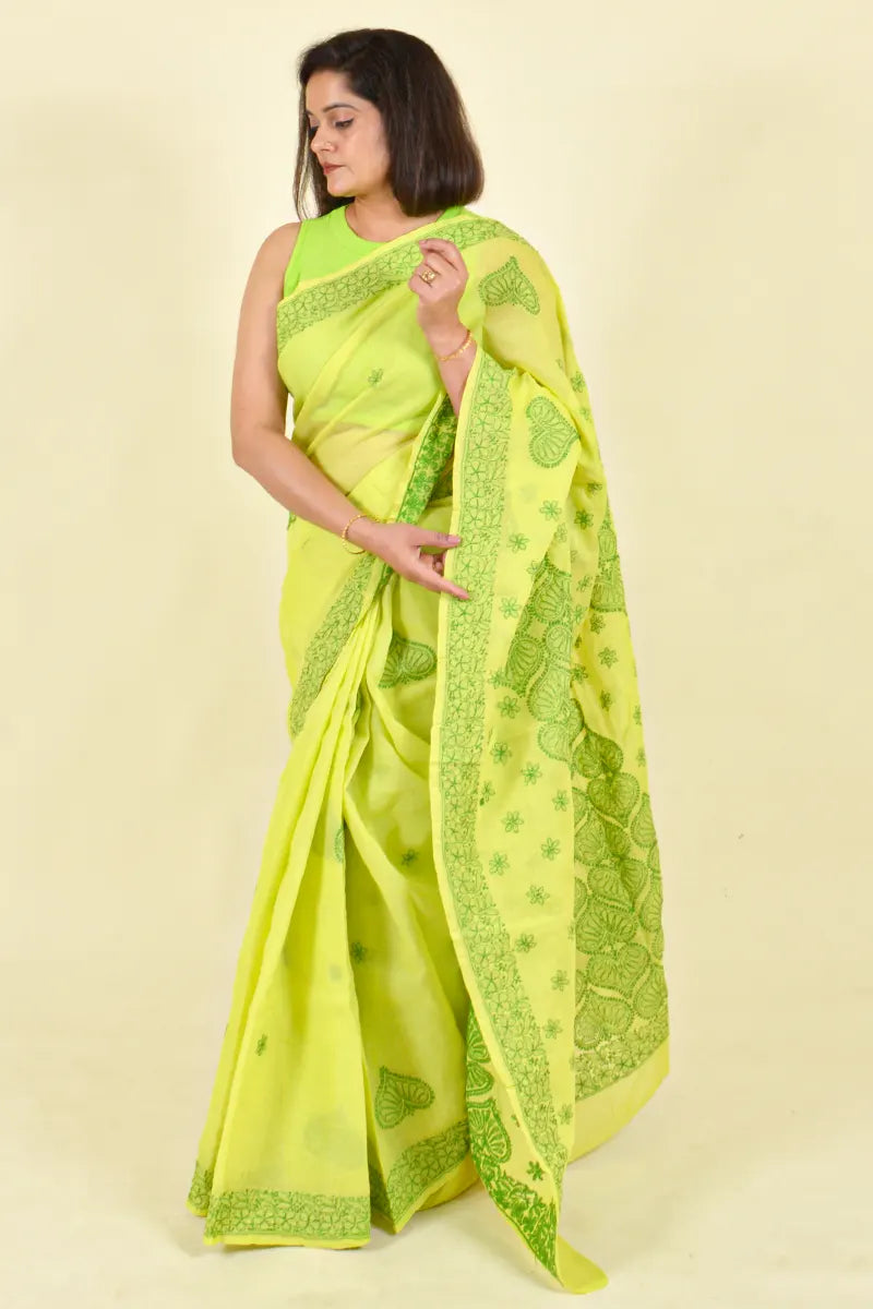 Fabnuma Handcrafted Green Cotton Chikankari Saree-Blouse - Fabnuma