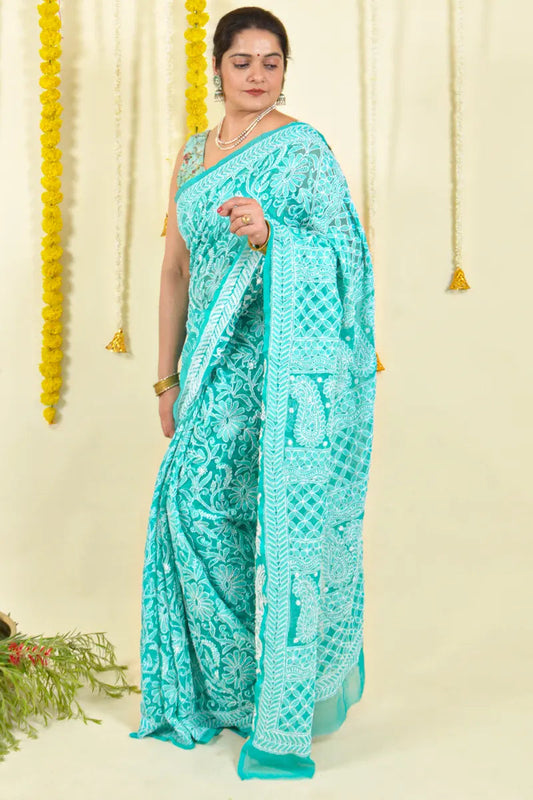 Fabnuma Handcrafted Aqua Blue Georgette Chikankari Saree-Blouse Fabnuma