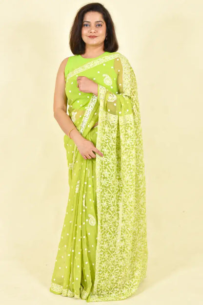 Fabnuma Handcrafted Green Georgette Chikankari Saree-Blouse - Fabnuma
