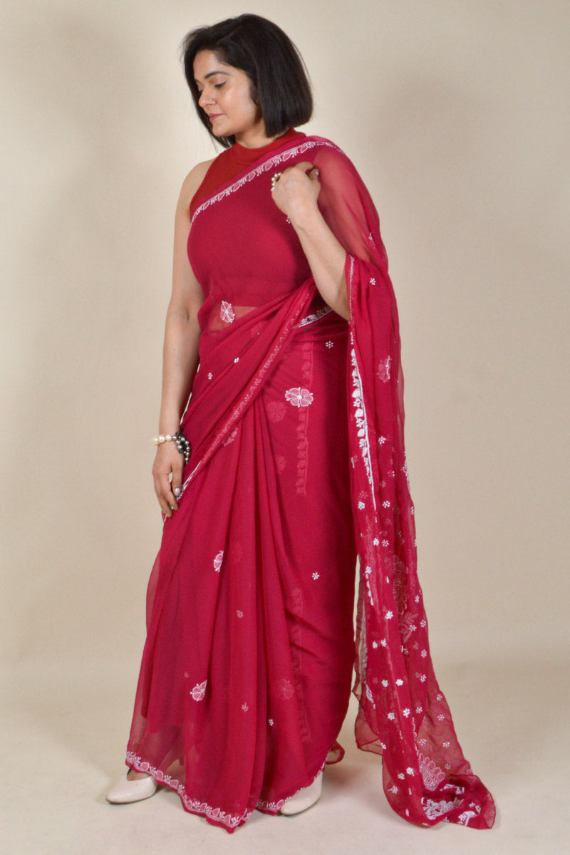 Fabnuma Handcrafted Red Georgette Chikankari Saree-Blouse - Fabnuma