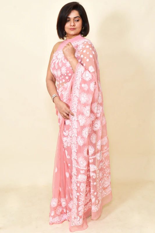Fabnuma Handcrafted Peach Georgette Chikankari Saree-Blouse - Fabnuma