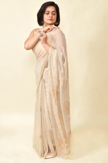 Fabnuma Handcrafted Beige Georgette Chikankari Saree-Blouse - Fabnuma