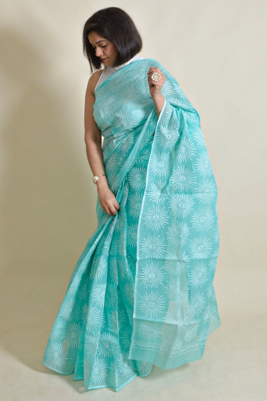 Fabnuma Handcrafted Sea Green Kota Cotton Chikankari Saree-Blouse - Fabnuma