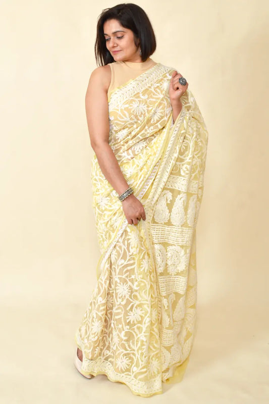 Fabnuma Handcrafted Fawn Georgette Chikankari Saree-Blouse - Fabnuma