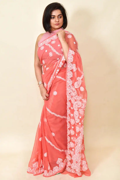 Fabnuma Handcrafted Carrot Red Georgette Chikankari Saree-Blouse - Fabnuma