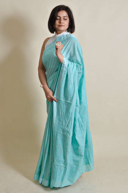 Fabnuma Handcrafted Sea Green Mulmul Cotton Chikankari Saree-Blouse - Fabnuma