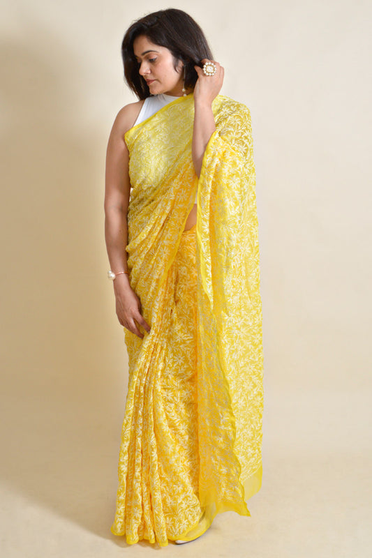 Fabnuma Handcrafted Yellow Georgette Chikankari Tepchi Saree-Blouse - Fabnuma