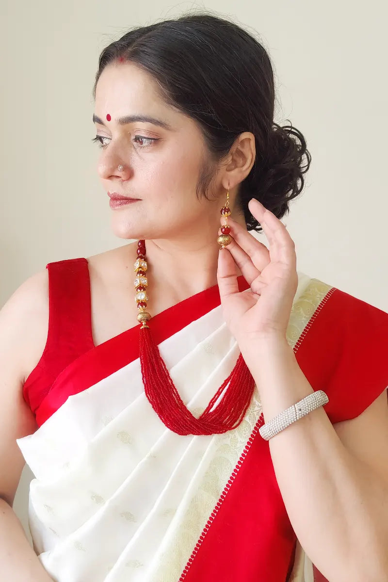 Fabnuma Handcrafted Red & Golden Beads Layer Neckpiece & Dangle Earrings - Fabnuma