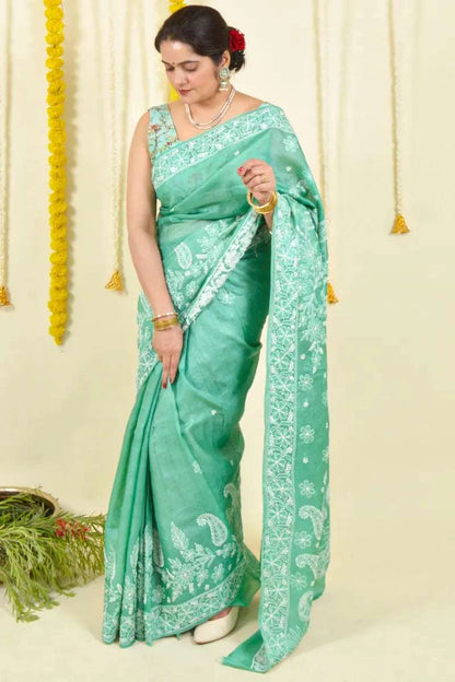 MeMaana Handcrafted Green Tussar Silk Chikankari Saree-Blouse MeMaana