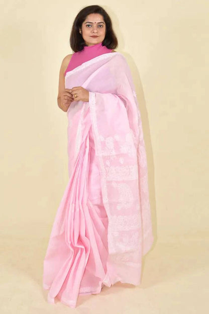 MeMaana Handcrafted Pink Cotton Chikankari Saree-Blouse MeMaana