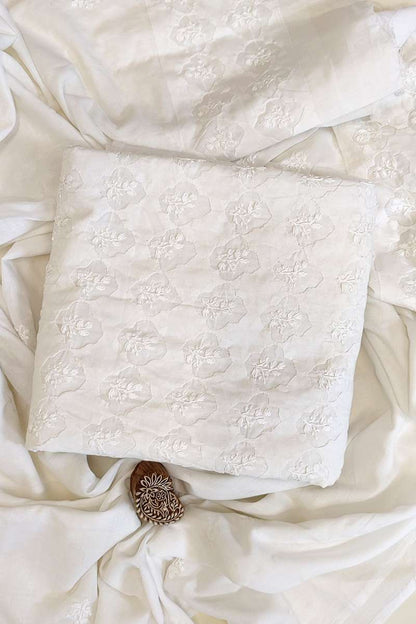 Fabnuma Handcrafted White Cotton Chikankari 3Pcs Unstiched Suit Set-Daraj Work - Fabnuma