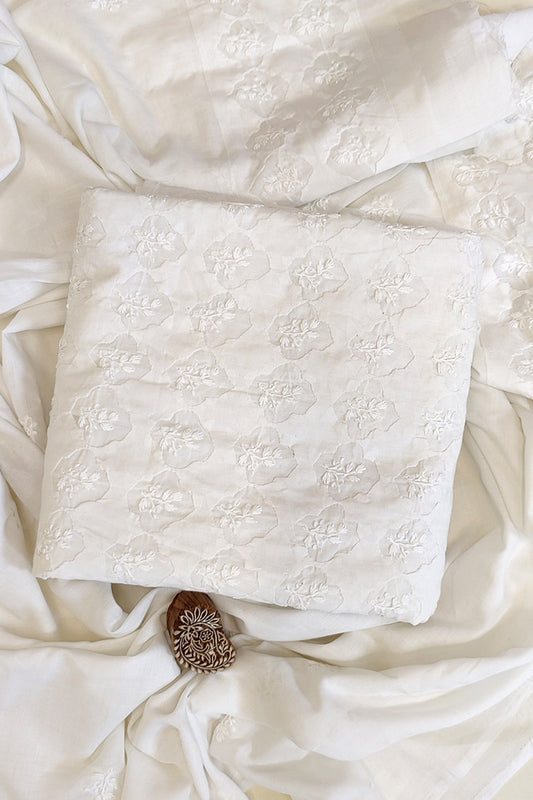 Fabnuma Handcrafted White Cotton Chikankari 3Pcs Unstiched Suit Set-Daraj Work - Fabnuma