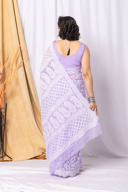 MeMaana Handcrafted Lavender Georgette Allover Chikankari Saree-Blouse MeMaana