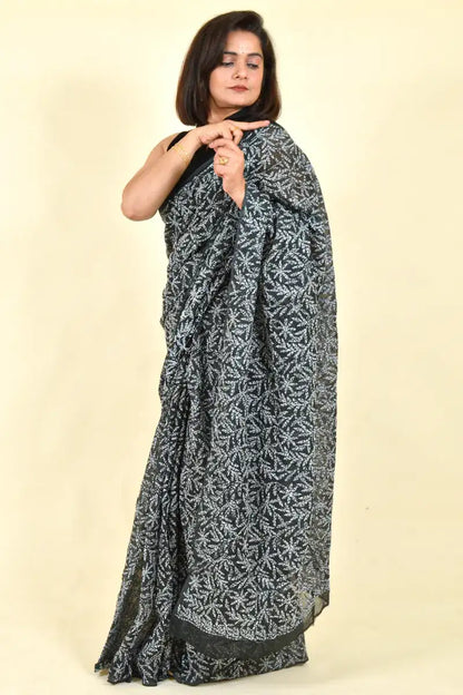Fabnuma Handcrafted Black Kota Cotton Chikankari Saree-Blouse - Fabnuma