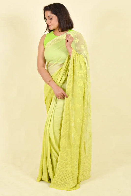 Fabnuma Handcrafted Green Viscose Chikankari Saree-Blouse - Fabnuma