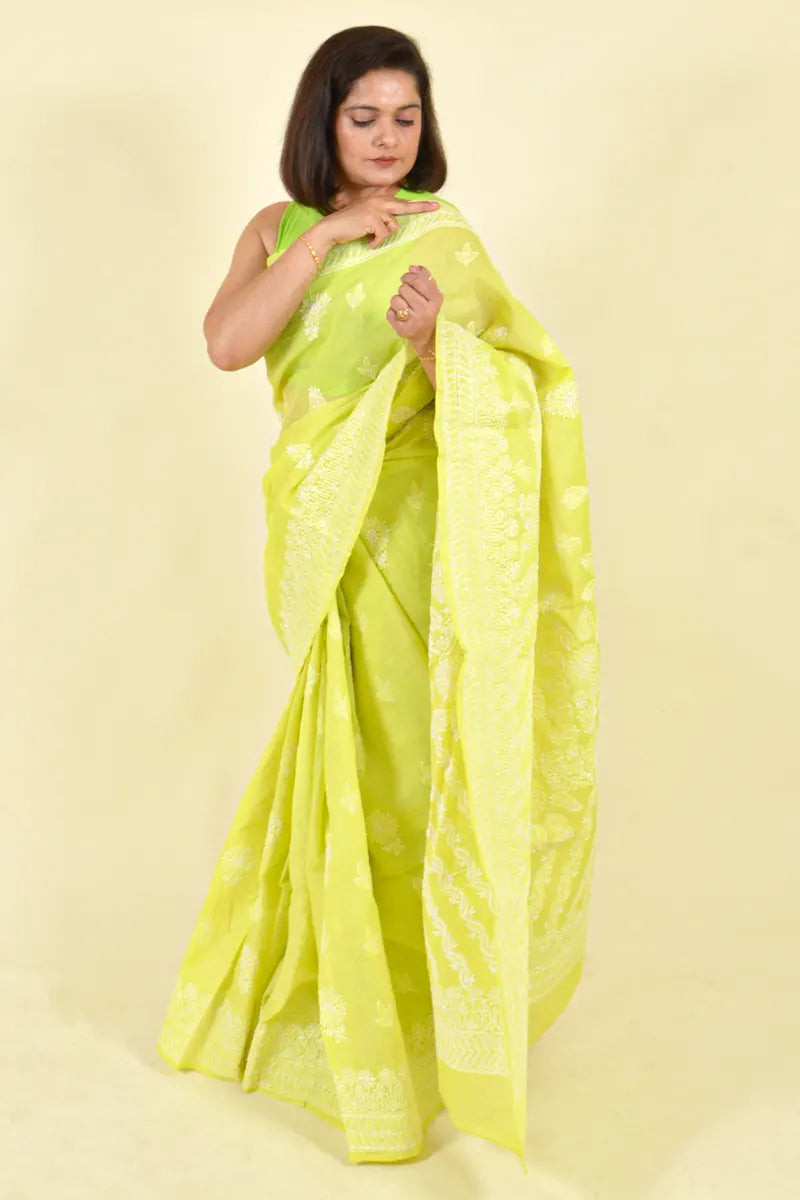 Fabnuma Handcrafted Lemon Green Cotton Chikankari Saree-Blouse - Fabnuma