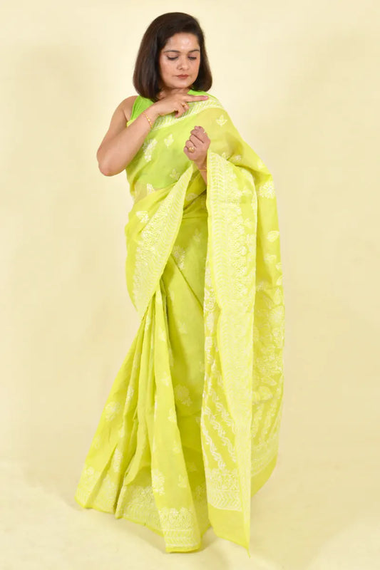 Fabnuma Handcrafted Lemon Green Cotton Chikankari Saree-Blouse - Fabnuma