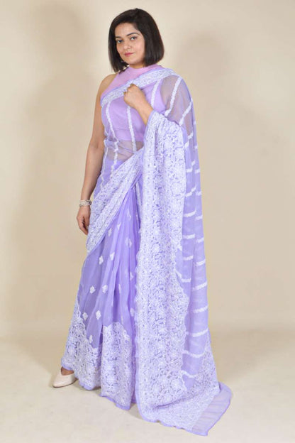 Fabnuma Handcrafted Lavender Georgette Chikankari Saree-Blouse - Fabnuma