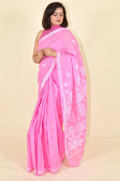 MeMaana Handcrafted Pink Cotton Chikankari Saree-Blouse MeMaana