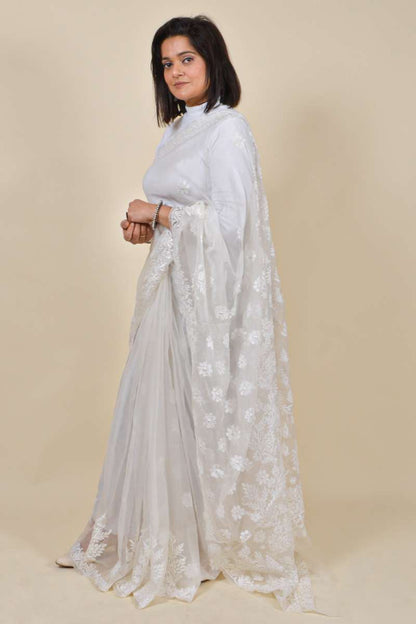 Fabnuma Handcrafted White Organza Chikankari Saree-Blouse - Fabnuma