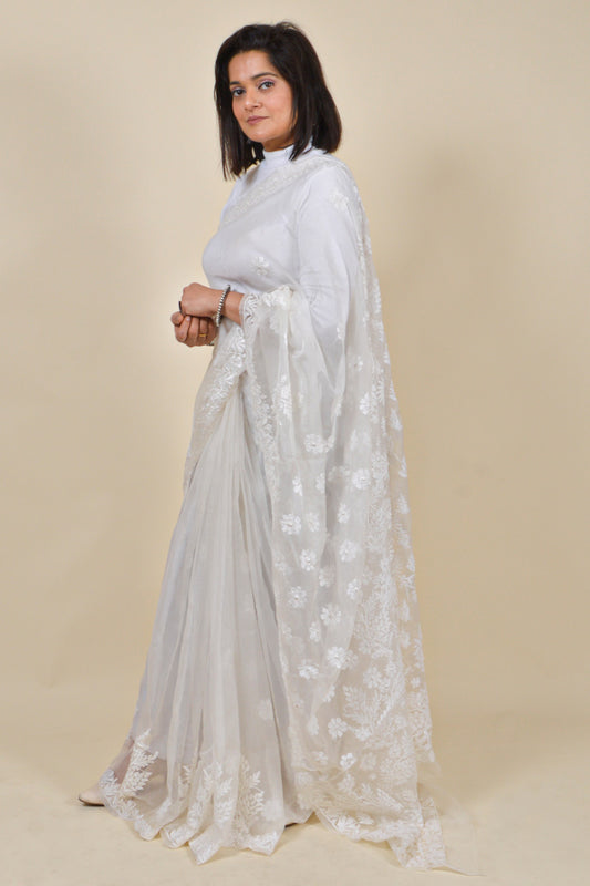 Fabnuma Handcrafted White Organza Chikankari Saree-Blouse - Fabnuma