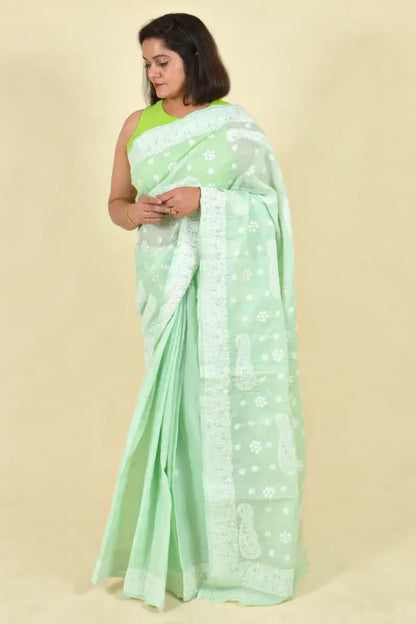Fabnuma Handcrafted Mint Green Cotton Chikankari Saree-Blouse - Fabnuma