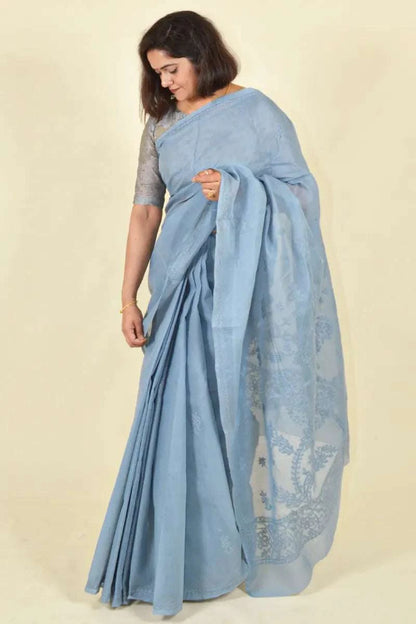 MeMaana Handcrafted Gray Cotton Chikankari Saree-Blouse MeMaana