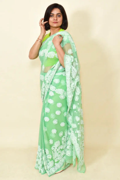 Fabnuma Handcrafted Light Green Georgette Chikankari Saree-Blouse - Fabnuma