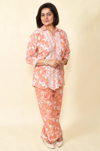Fabnuma Handcrafted Orange Chikankari Rayon Cord Set - Fabnuma