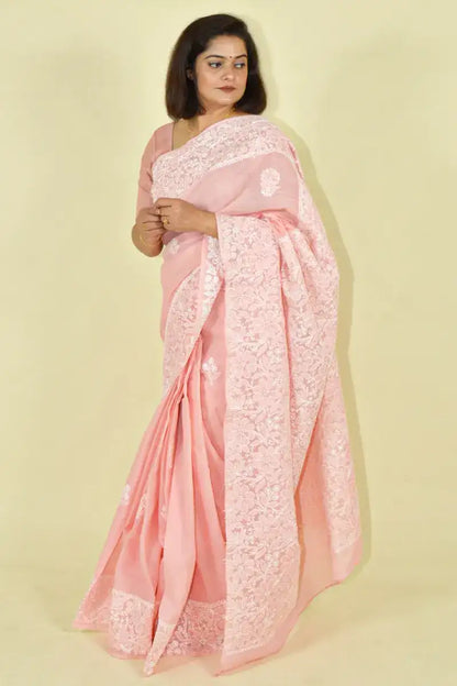 Fabnuma Handcrafted Peach Cotton Chikankari Saree-Blouse - Fabnuma