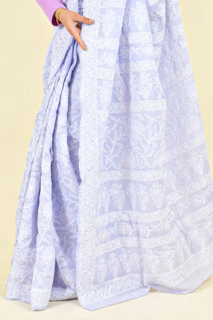 Fabnuma Handcrafted Lavender Cotton Chikankari Saree-Blouse - Fabnuma