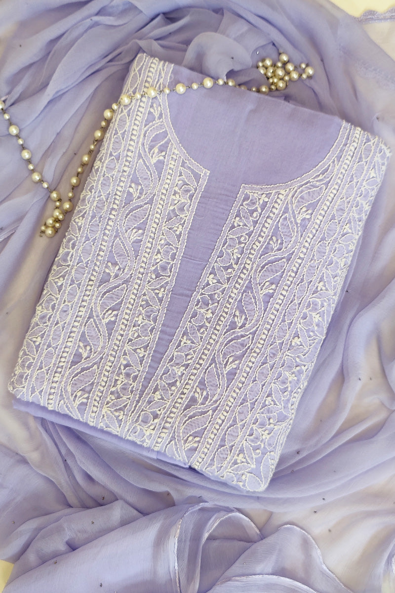 Fabnuma Handcrafted Lavender Cotton Chikankari 3Pcs Unstiched Suit Set - Fabnuma