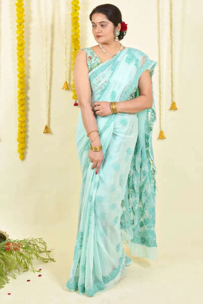 MeMaana Handcrafted Sea Green Georgette Chikankari Saree-Blouse MeMaana