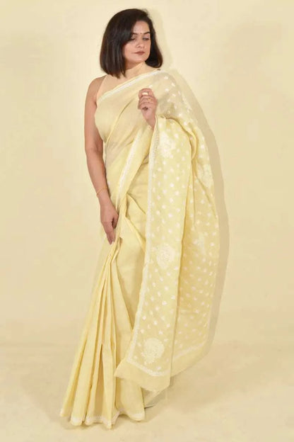 MeMaana Handcrafted Fawn Cotton Chikankari Saree-Blouse MeMaana