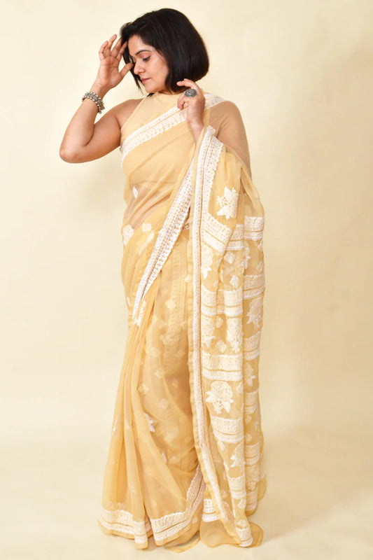 Fabnuma Handcrafted Fawn Georgette Chikankari Saree-Blouse - Fabnuma