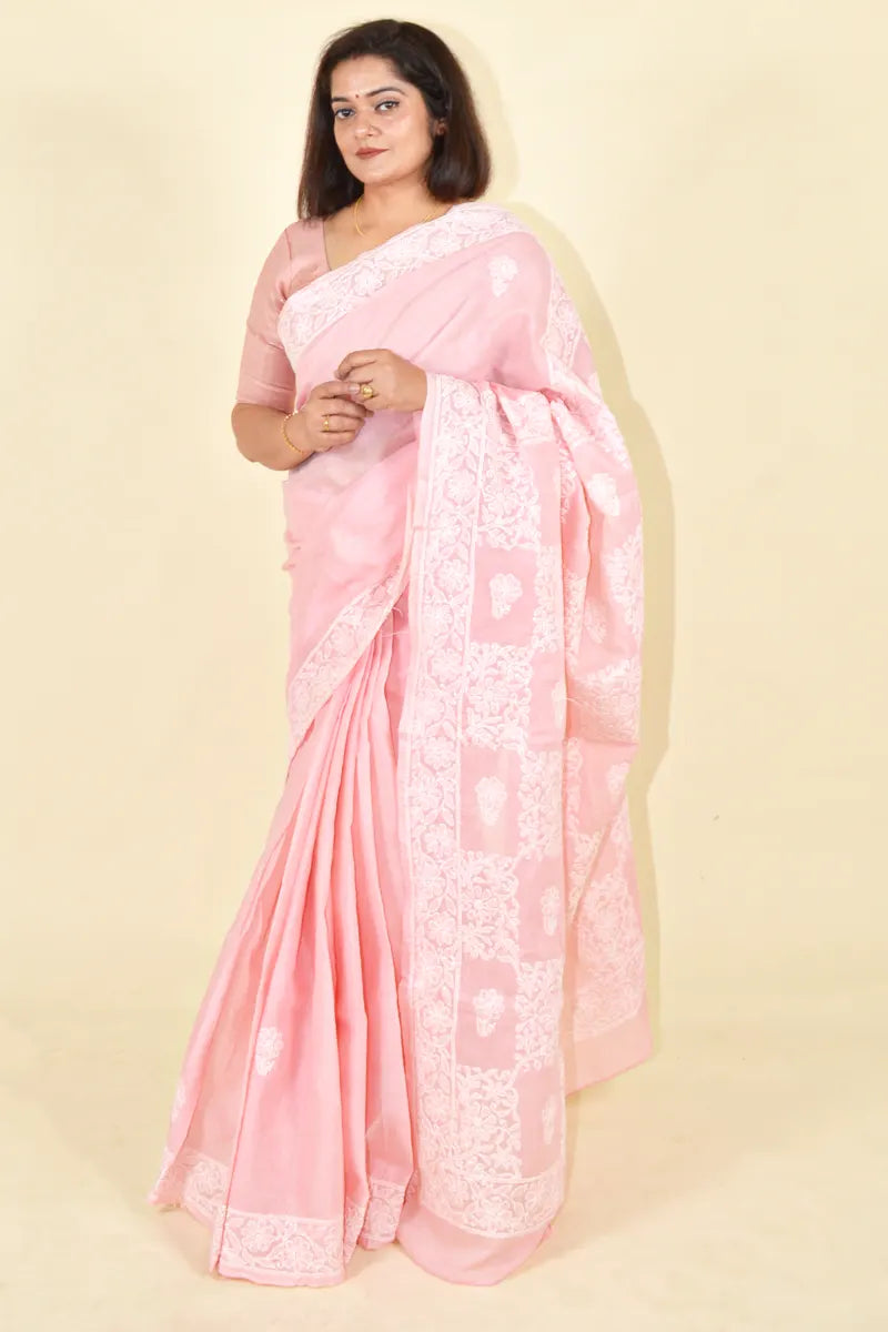 Fabnuma Handcrafted Peach Cotton Chikankari Saree-Blouse Fabnuma