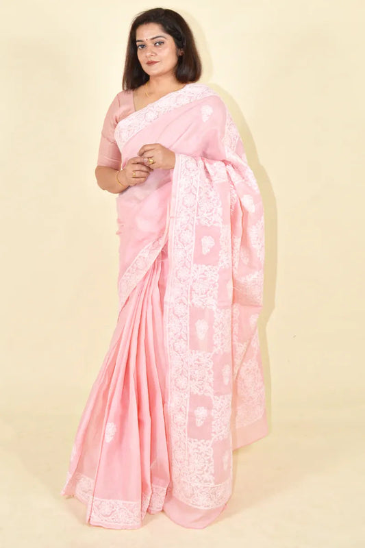 Fabnuma Handcrafted Peach Cotton Chikankari Saree-Blouse Fabnuma