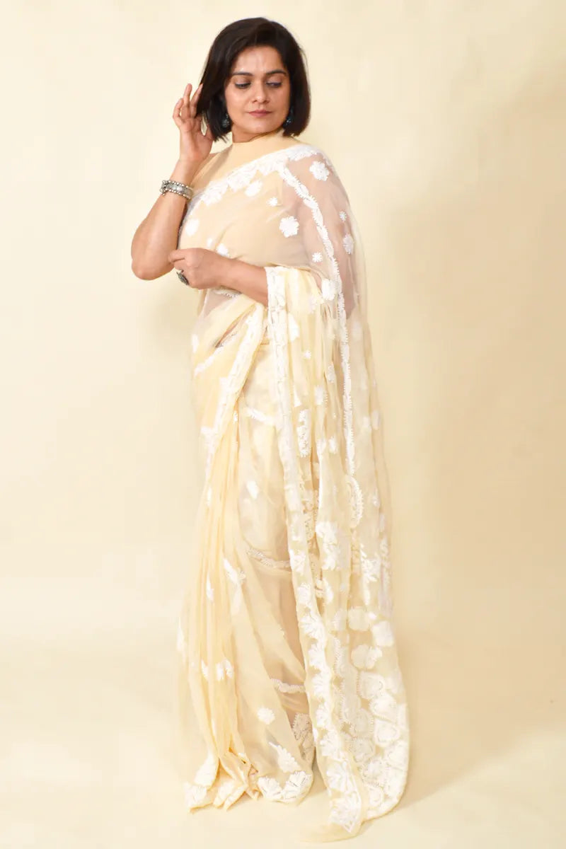 Fabnuma Handcrafted Fawn Georgette Chikankari Saree-Blouse - Fabnuma