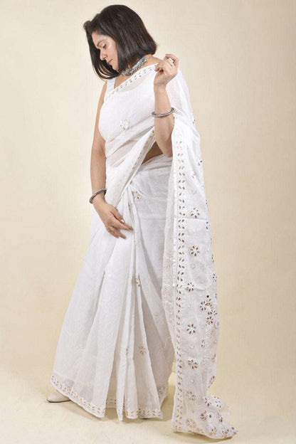 Fabnuma Handcrafted White Kota Cotton Chikankari Saree-Blouse - Fabnuma