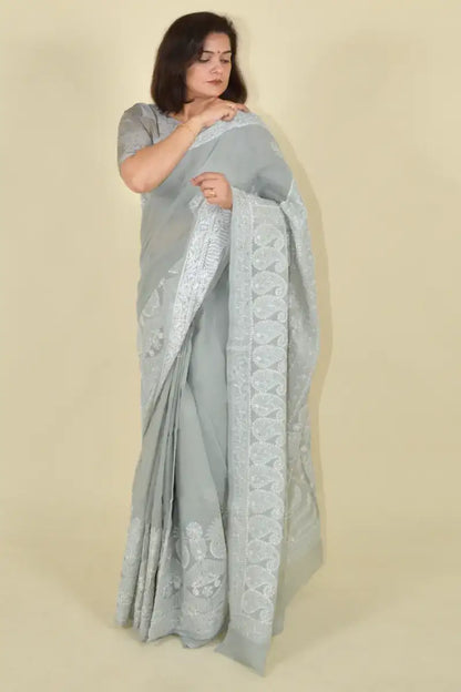 Fabnuma Handcrafted Gray Cotton Chikankari Saree-Blouse - Fabnuma