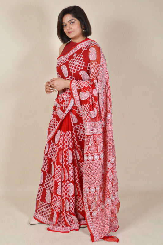 Fabnuma Handcrafted Red Georgette Chikankaree Saree-Blouse - Fabnuma