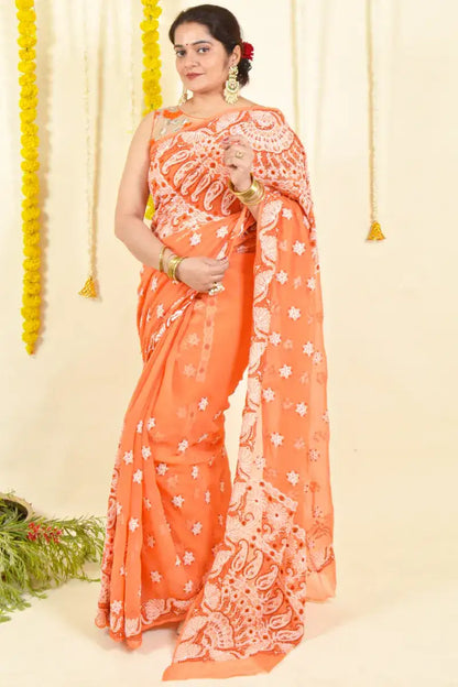 Fabnuma Handcrafted Orange Georgette Chikankari Saree-Blouse - Fabnuma