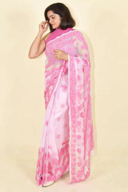 MeMaana Handcrafted Pink Georgette With Mukaish Work Chikankari Saree-Blouse MeMaana