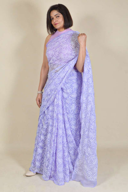 Fabnuma Handcrafted Lavender Georgette Tepchi Chikankari Saree-Blouse - Fabnuma