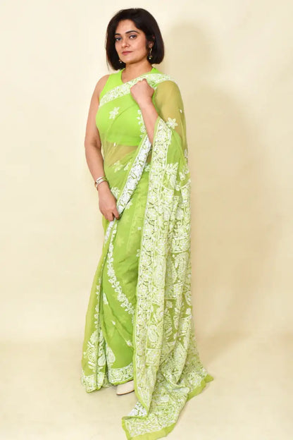 Fabnuma Handcrafted Green Georgette Chikankari Saree-Blouse - Fabnuma