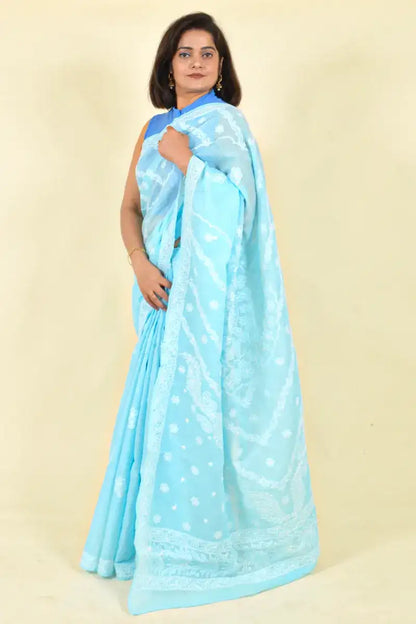 Fabnuma Handcrafted Sea Green Cotton Chikankari Saree-Blouse - Fabnuma