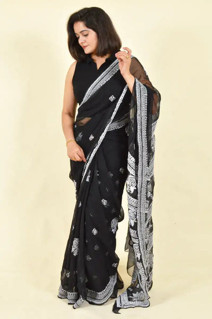 Fabnuma Handcrafted Black Georgette Chikankari Saree-Blouse - Fabnuma