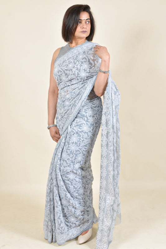 Fabnuma Handcrafted Gray Georgette Chikankari Saree-Blouse - Fabnuma