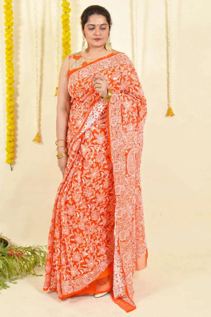 MeMaana Handcrafted Orange Georgette Chikankari Saree With Mukaish Work-Blouse MeMaana